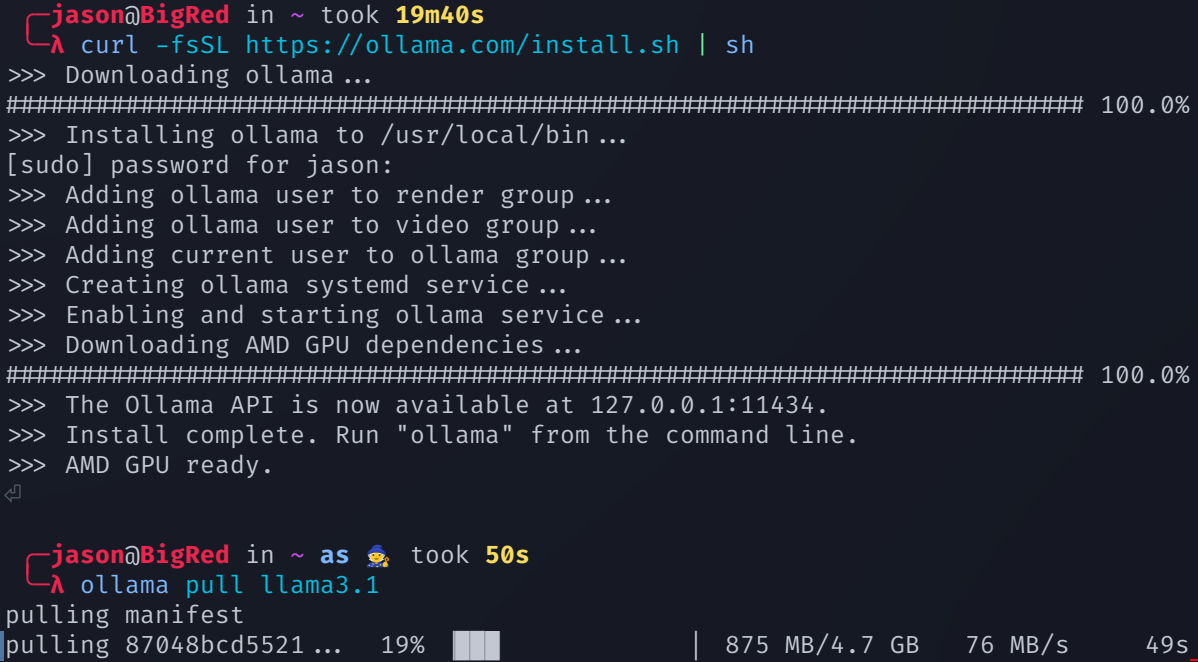 A command line interface showing the "curl" command for downloading and installing Ollama.